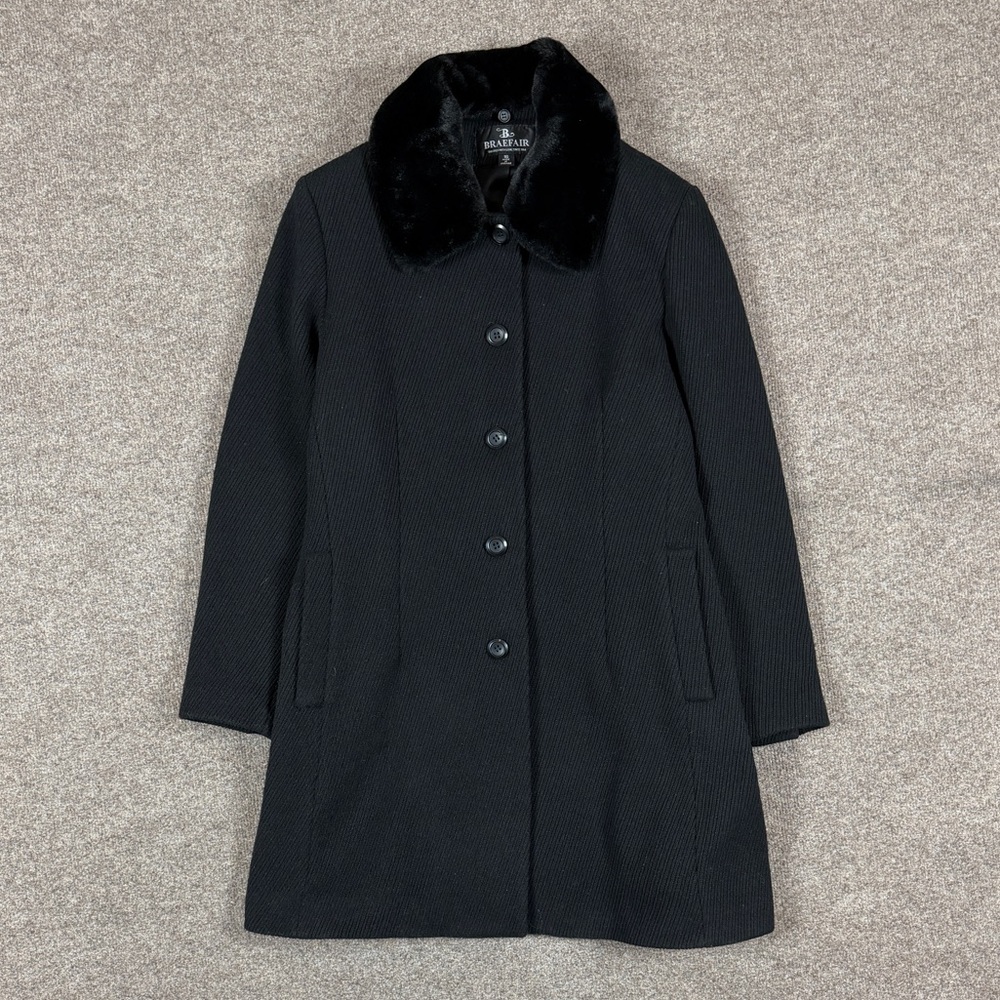Vintage Braefair Black Mid Length Wool Blend Coat Womens 16 Removable Fur Collar
